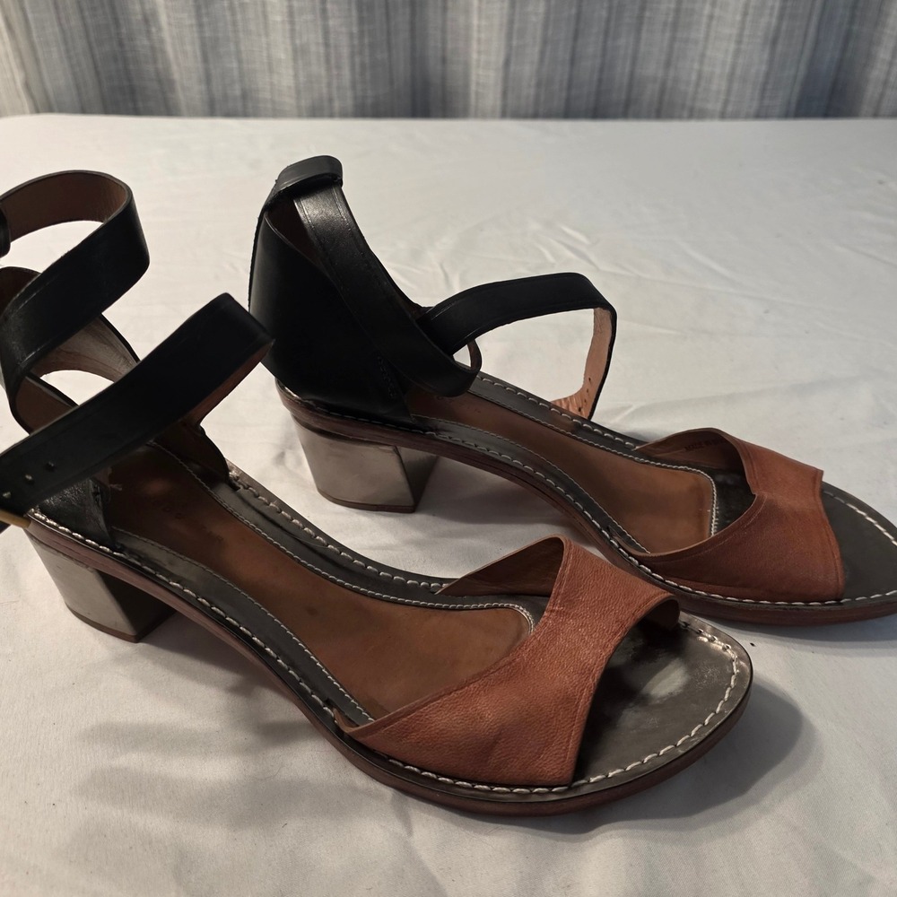 Leifsdottir Ankle Strap Block Heel Womens 37.5 Leather Sandals Cognac Black